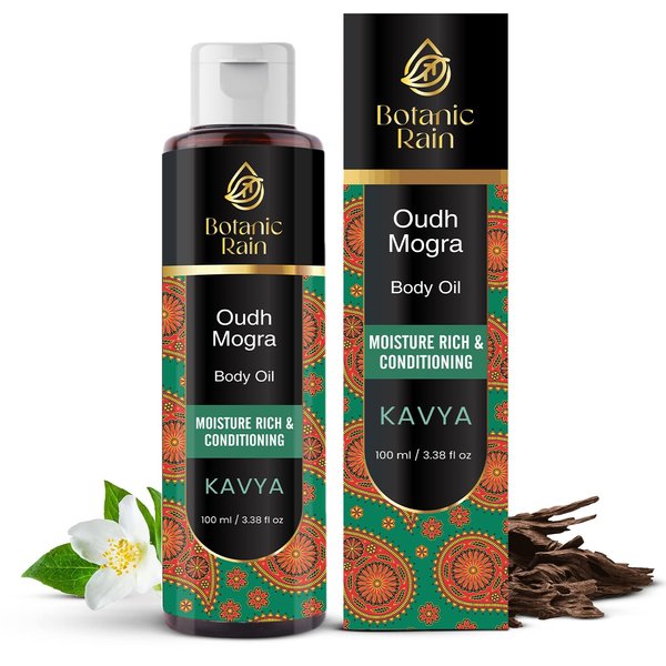 Botanic Rain Ayurveda Body Oil With Oudh & Mogra, Organic Body Oil After Shower, Moisturizing & Hydrating Natural Body Oils For Women And Men, 3.38 Fl Oz