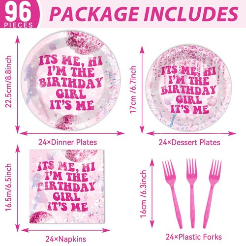 Justforjoyful 96PCS Hi Im the Birthday Girl Party Decoration Popular Singer Tableware Set Music Pink Paper Plate Napkin for Girl Women Birthday Baby Shower Party Supplies Favors Serve 24