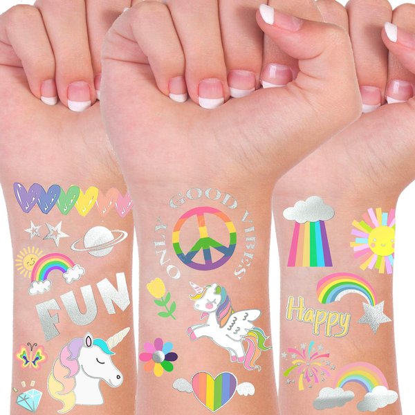 Groovy Cute Temporary Tattoos For Kids Girls Boys Unicorn Rainbow Pattern, 123+ PCS Glitter Flash Silver Metallic Fake Tattoo Stickers, LGBT GAY Pride Face Tattoos Set Birthday Party Favor Supplies