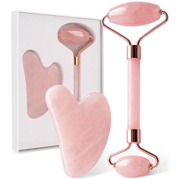 huefull Face Massager Rose Quartz Face Roller & Gua Sha Facial Tool Set, Lymphatic Drainage Massage Tool for Self Care, Muscle Tension Relief, Skin Care Gift for Men/Woman