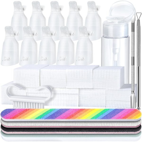 HNYYZL Gel Nail Polish Remover Tools Kit with Plastic Nail Clips, 100ml Nail Polish Remover Bottle, Lint Free Nail Wipes, Nail Brush, Stainless Steel Cuticle Pusher/Peeler, Buffer Block ＆ Nail File