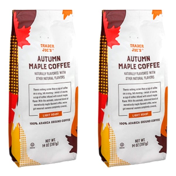 Trader Joes Autumn Maple Ground Coffee - Pack of 2 Bags - 14 oz Per Bag - Seasonal Flavor - 100%% Arabica Ground Coffee - Light Roast