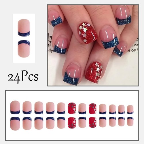 24Pcs Blue French Tip Press on Nails Short Square American Flag Fake Nails Independence Day False Nails 4th of July Star Sequin Glitter Glue on Nails Patriotic Full Cover Stick on Nails for Women