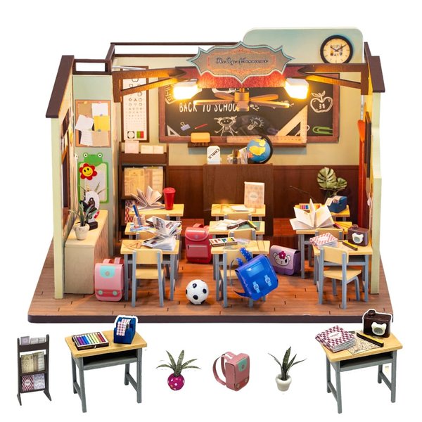 DIY Miniature Dollhouse Kit, Mini House Making Kit with Furnitures and Light, Tiny House Kit to Build for Adults, Hobby Craft Gift for Christmas Day, Schoolroom