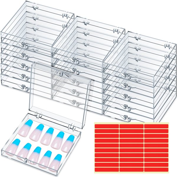 15 Pcs Press on Nail Storage Box with 30 Pcs Adhesive Double Sided Tape Artificial Nail Display Storage Box Acrylic Nail Box Organizer Case Transparent Nail Packaging Boxes for Nail Salon (Clear)