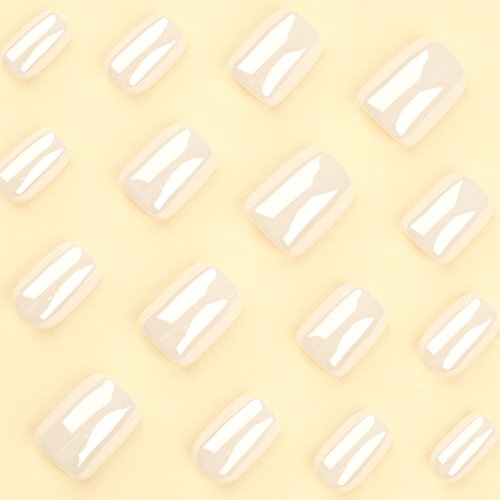White Chrome Press on Nails Short Square SWEKKE Petite Fake Nails Full Cover Pearl White False Nails with Nail Glue Glossy Glue on Nails Acrylic Nails Manicure Artificial Nails for Women Girls 24Pcs