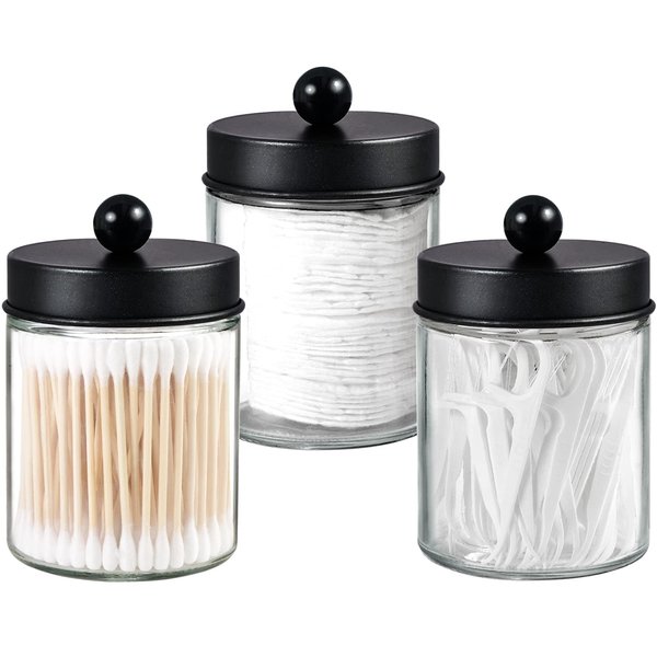 3 Pack Apothecary Jar Canisters Bathroom Vanity Organizer - Qtip Holder Storage Organizer Set Countertop Canister with Stainless Steel Lids &Cute Stickers for Qtips,Cotton Swabs,Makeup Sponges,Floss