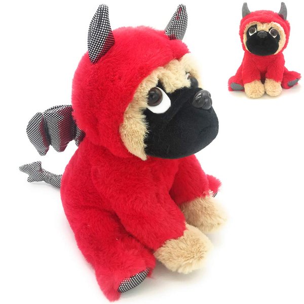 JoyAmigo Adorable Pug Stuffed Animal Dressed in a Devil Costume Plush Soft Puppy Dog with Demon Outfit for Kids or Pug Lovers Easter Basket Stuffers Decor Gift Party Nursery Decors