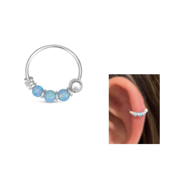 925 Sterling Silver VERY SMALL 10MM Blue Opal Hoop Earring - SINGLE Hoop for ONE ear - for Helix, Cartilage, 2nd Ear Piercing | Handmade by MiYa Jewelry Creations