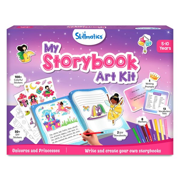 Skillmatics Storybook Art Kit - Unicorns & Princesses Art Kit for Kids, Write & Create Fairytale Storybooks, Creative Activity, DIY Kit, 150+ Stickers, Christmas Gifts for Ages 5, 6, 7, 8, 9, 10
