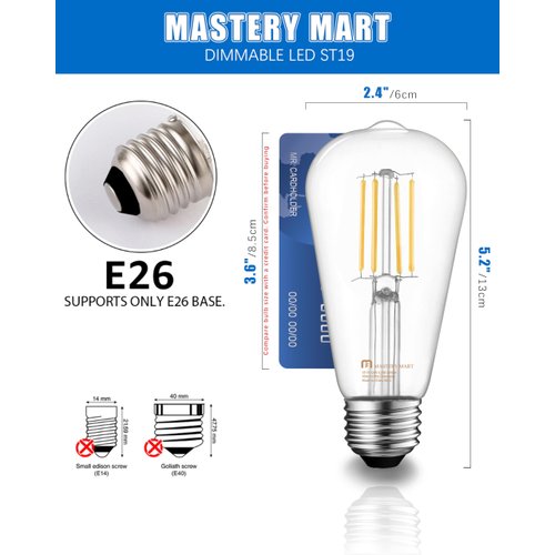 MASTERY MART 10 Pack Vintage LED Edison Bulbs, E26 Led Bulb 5.5W Equivalent to 60W, Dimmable, 5000K Daylight White, High Brightness ST58 Antique LED Filament Bulbs, Clear Glass