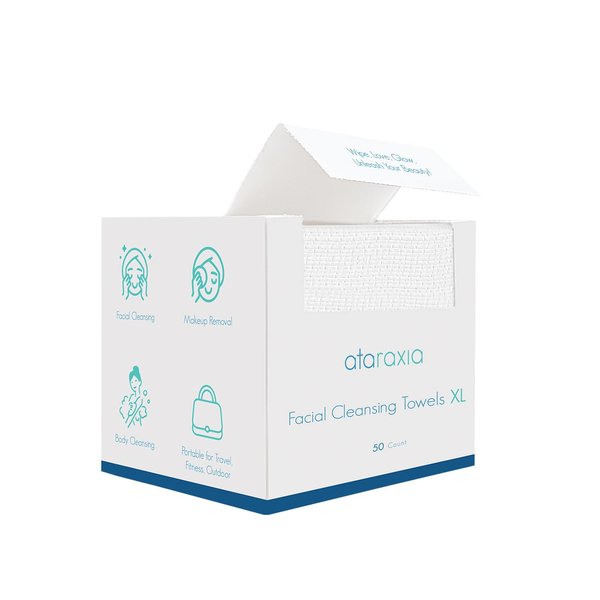 ataraxia Disposable Face Towels XL, Cotton Clean Towel for Face Travel Pack of 50, 10x12'' Extra Thick Soft Facial Cleansing Towelettes Wipes for Drying | Washing | Skin Care | Makeup Removing