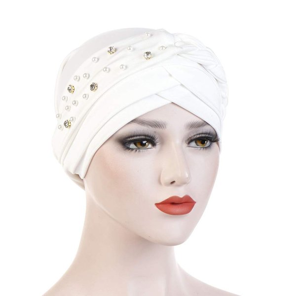 beauty YFJH Women Hijab Beading Pre-Tied Twisted Braid Turban Hat Head Scarf Cancer Chemo Beanies Headwear Headwrap Cap (White)