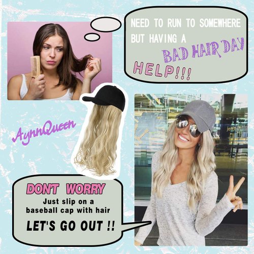 AynnQueen Baseball Cap with Hair Extensions for Women Adjustable Hat with Synthetic Hair Attached 24inch Long Wavy Hair Black Baseball Cap (Dark Brown)