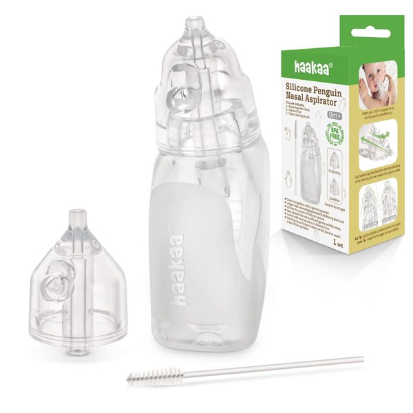 haakaa Silicone Baby Nasal Aspirator| Safe Baby Nose Cleaner| Easy-Squeeze Nose & Ear Bulb Syringe with Brush|0m+ Newborn Toddler -Transparent, Penguin