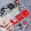 editTime Mixed Style Fashion 3D Nail Art Charms Kit Resin Camellia Rose Flower Butterfly Bow Moon Heart Bear Snake Hollow Pearl with Rhinestones and Soft Slice (Black White red)