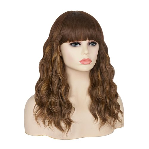 Ninroc Brown Wavy Wig with Bangs, 16 inch Shoulder Length Brown Mixed Blonde Bob Wigs for Women, Synthetic Wig Natural Looking Wigs For Daily Party Use