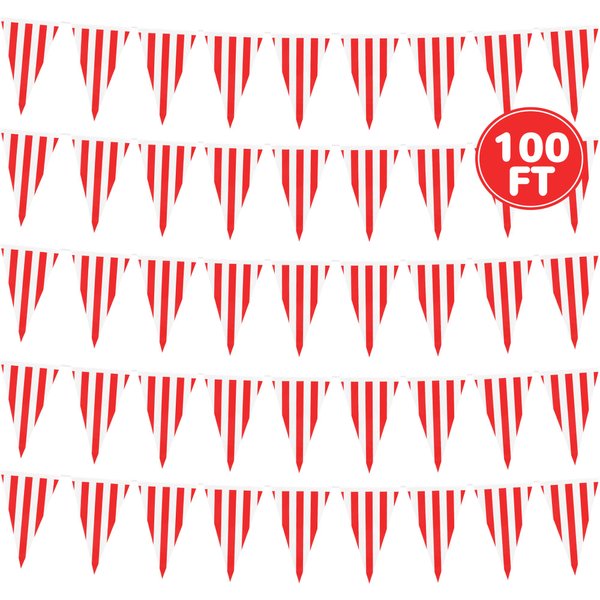 100 FT Circus Theme Party Decorations, 60 PCS Plastic Pennant Banner Flags, Pre-assemble Red and White Striped Triangle Flags, Carnival Decor Indoor Outdoor Hanging Banner String Party Supplies