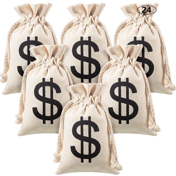 Boao 24 Piece Canvas Money Bag Pouch with Drawstring Closure and Dollar Sign Symbol Money Sacks for Toy Birthday Party Favors, Costume Money Props Pirate Bank Robber Cowboy Cosplay, 4.2 x 7.2 Inches