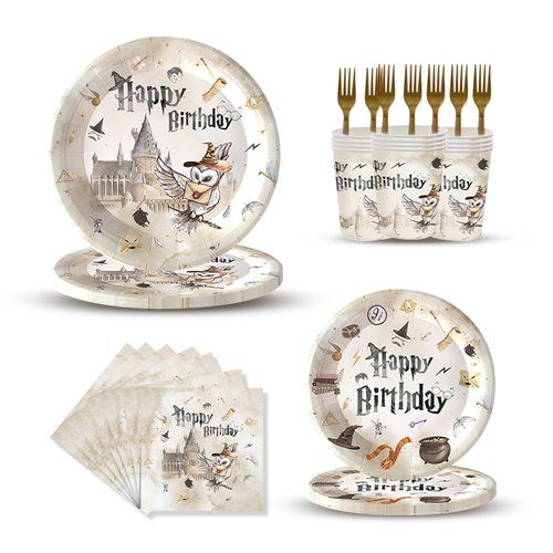80 Pcs Magical Wizard Birthday Party Supplies,Vintage Castle Owl Theme Party Paper Plates , Napkins ,Cups and Forks Disposable Magical Party Tabeware Decoration Serves 20 Guests