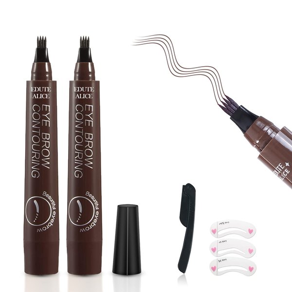 Eyebrow Pencil, Ksndurn 2 PCS Eyebrow Pencil Dark Brown - Waterproof Microblade Brow Pen, Eyebrow Tattoo Pen with a Micro-Fork Tip - Natural Looking Eyebrows Effortlessly with Gift