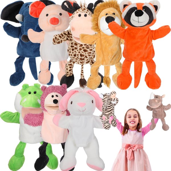 Wettarn 10 Pcs Animal Hand Puppets 12 Inch Soft Plush Plush Puppets Lion Orangutan Giraffe Tiger Pig Elephant Hand Puppets for Boys and Girls Storytelling, Teaching, Role Playing(Cute Style)