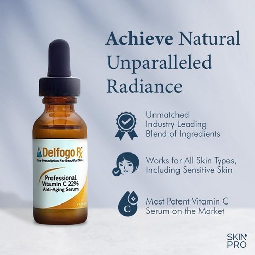 Delfogo RX Professional 22% Vitamin C Facial Serum - High Potency of Vitamin C, Ferulic Acid, & Vitamin E - Collagen Face Serum for Women Plant-Based Brightening Skin Care