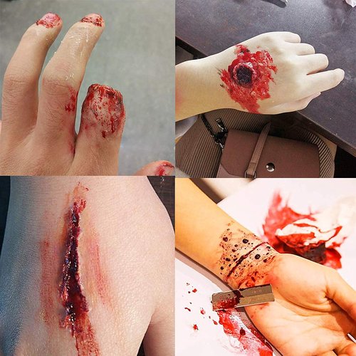 MEICOLY 5 Pcs Scars Wax SFX Special Effects Makeup Kit,Halloween Fake Blood,Face Putty Wound Modeling Wax(1.67Oz) with Spatula, Stipple Sponge, Scab Coagulated Blood Gel(1.06Oz),5ml Castor Sealer