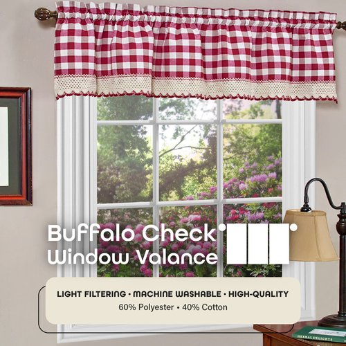 Buffalo Check Valance Window Curtains - 58 Inch Width, 14 Inch Length - Burgundy Red & White Plaid - Light Filtering Farmhouse Country Drapes for Bedroom Living & Dining Room by Achim Home Decor