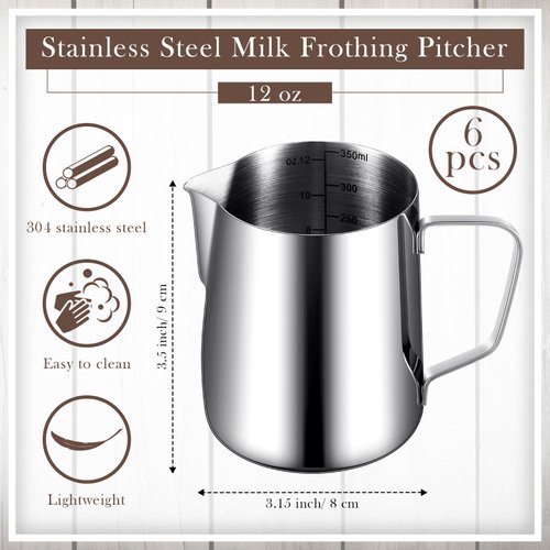 Dandat 4 Pcs Milk Frothing Pitcher Espresso Steaming Pitchers 12 Oz Stainless Steel Milk Frother Cup Milk Frother Steamer Cup Frother Jug for Espresso, Latte Art, Chai Cappuccino Hot Chocolate