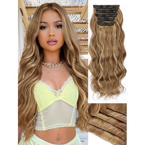 Kookastyle Hair Extensions Elevate the Cranial Crest 20 Inch Synthetic 5 PCS Clip in Hair Extensions for women Honey Blonde Mixed Light Brown
