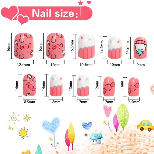 JANYUN 96 Pcs Fake Nails for Kids Pre-glue Full Cover Short False Nails Children Nails Lovely Gift