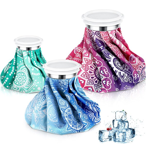 Nuanchu 3 Pieces Ice Bags for Injuries Reusable Ice Pack Hot Cold Water Bag 6 Inches, 9 Inches, 10 Inches Hot Cold Therapy and Pain Relief Pain Screw Top Bag for Sports Knee Head Leg(Datura Style)
