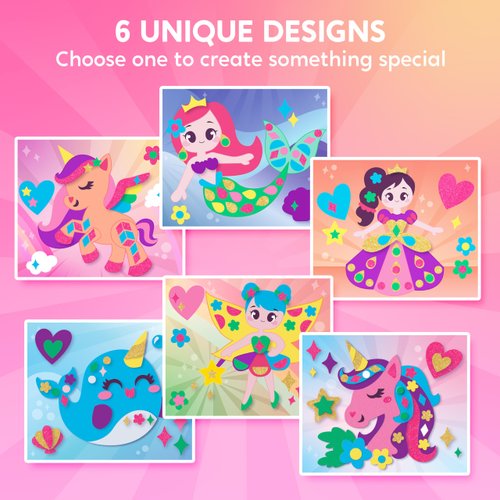 Klever Kits Foam Art Kit for Kids, EVA Foam Stickers with 6 Art Board and 800+ Stickers, DIY Arts and Crafts for Boys Girls Age 3+, Unicorns & Princesses Birthday Gifts Travel Toy