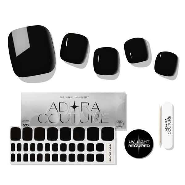 Adora Couture Semi Cured Gel Nail Strips Pedicure | 32pcs Black Gel Pedi Strips | Pedicure Nail Wraps | Salon Nails at Home Pedicure Kit - Requires UV Light (Black P)