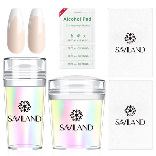 Saviland French Tip Nail Stamp – 5PCS Gold Radium Jelly Stamper Nail Art Stamper Kit, Long & Short Clear Silicone Nail Stamping with Scrapers Nail Stamp for French Manicure