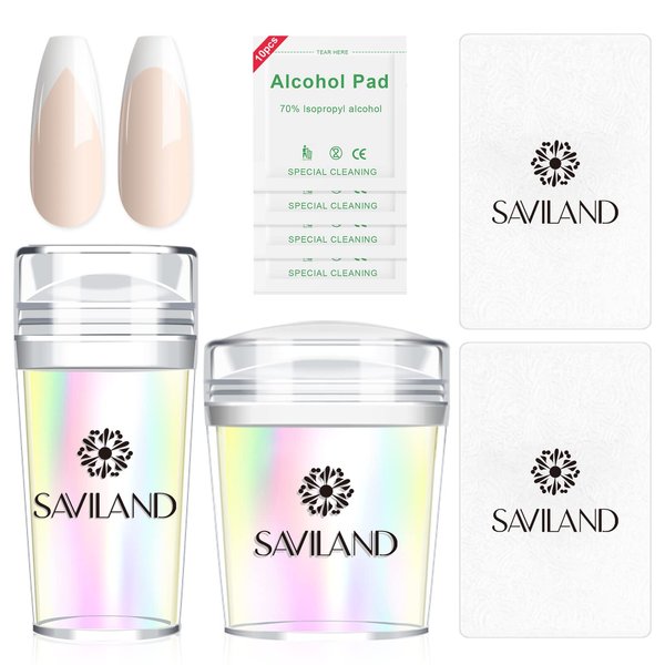 Saviland French Tip Nail Stamp – 5PCS Gold Radium Jelly Stamper Nail Art Stamper Kit, Long & Short Clear Silicone Nail Stamping with Scrapers Nail Stamp for French Manicure