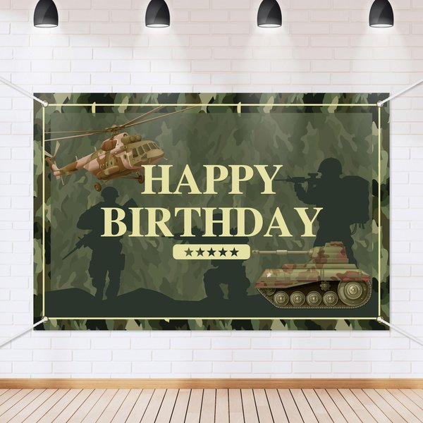 Camo Happy Birthday Backdrop Banner Army Military Camouflage Theme Background Decor for Veterans Soliders Men Boys Birthday Party Favors Decorations Supplies 72x43in-BECKTEN