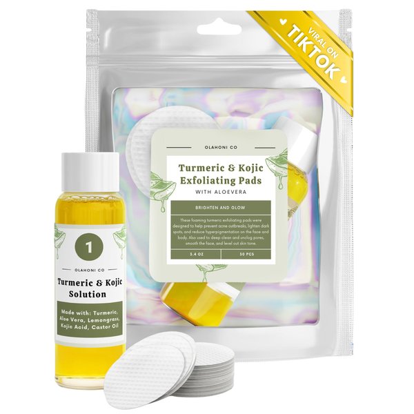 Turmeric & Kojic Infused Exfoliating & Cleansing Pads for Discoloration, Dark Spots, Acne Scars, Uneven Skin. Clean & Unclog Pores, Brighten, Glow, Smooth Skin & Body. Made in Washington,USA (30 Pack)