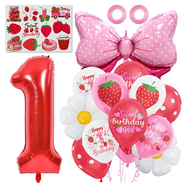 1st Strawberry Birthday Party Decorations Girls, Cute Strawberry Latex Balloons White Flowers Foil Balloon Red Number 1 Foil Ballon Theme Tattoo For Girls First Birthday Baby Shower Party Decorations
