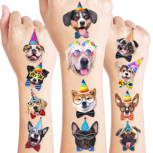 8 Sheets (96PCS) Dog Tattoos Temporary Puppy Themed Birthday Party Supplies Decorations Favors Stickers For Kids Girls Boys Gifts Classroom School Prizes Rewards (Realistic Dog 2)