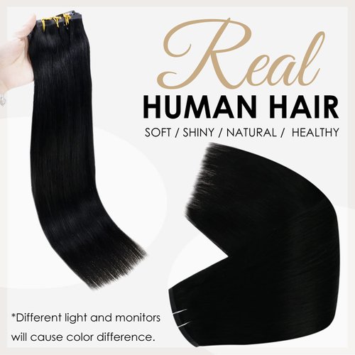 Full Shine Clip in Hair Extensions Black Human Hair Clip in Extensions Straight Pu Weft Seamless Clip in Human Hair Extensions 16 Inch Jet Black Hair Extensions Real Human Hair 8Pcs 120 Grams