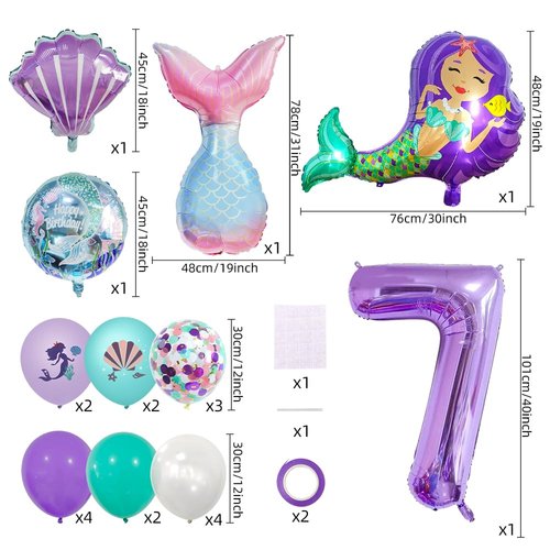 Mermaid Balloons Huge Number Balloons Printed Confetti Latex Marine Balloons for Mermaid 7th Birthday Party Decoration Supplies