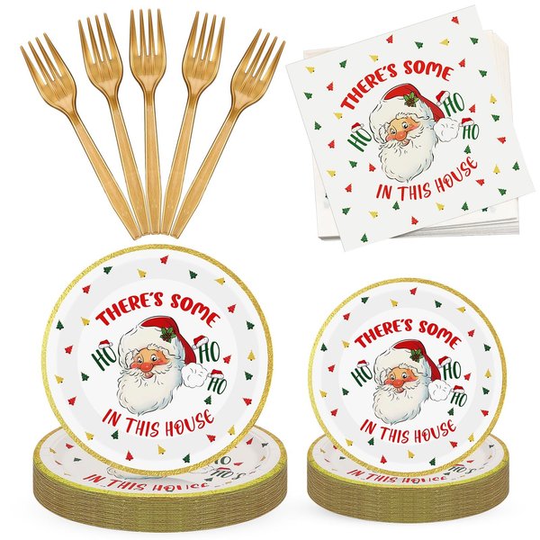 Lounsweer 96 Pcs Christmas Party Supplies Paper Plates and Napkins Disposable Dinnerware Set Include Christmas Plates Napkins Forks for Xmas Holiday Table Decorations 24 Guests(Santa Claus)