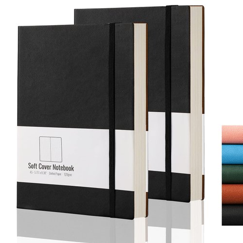 AHGXG Dotted Bullet Grid Journal 2 Pack - A5 Dot Grid Notebook Softcover, Medium 5.75'' × 8.38'', 320 Numbered Pages, 120gsm Thick Dotted Paper, Soft Leather Cover - Black