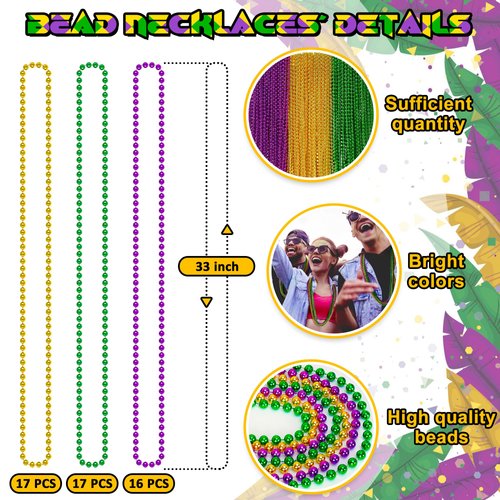 EOBOH 50PCS Mardi Gras Beads, Mardi Gras Green Purple Gold Beads Necklaces Bulk, Metallic Mardi Gras Beads Necklace Accessories Costumes Women Men for Parade Throws Party Decorations Favor Supplies