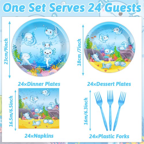 chiazllta 96pcs Blue Axolotl Plates and Napkins Party Supplies Reptile Animals Tableware Set Girl Boy Axolotl Party Decorations Favors for Axolotl Birthday Baby Shower Serves 24 Guests