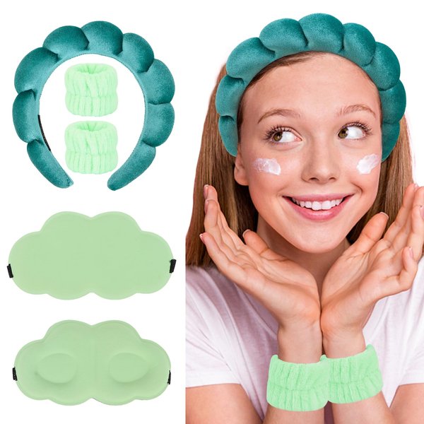 Semato Spa Headband and Wristband Set for Washing Face with Eye Mask Bubble Headband Sponge Makeup Headband Wrist Towels Bubble Soft Skin Care Hairband for Women Girl (Green)
