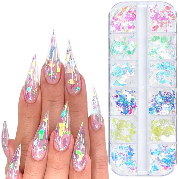 Iridescent Glitter Nail Art Sequins, Holographic 3D Irregular Ultra Thin Nail Art Glitter Flakes Design, Shiny Mermaid Nail Glitter Slices Resin Acrylic Supplies for Women Girls Manicure Decorations