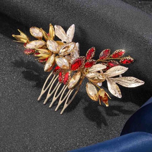 Campsis Rhinestones Bride Wedding Hair Comb Gold Flower Wedding Hair Accessories for Women Leaf Crystal Hair Side Comb for Bridal Bridesmaids